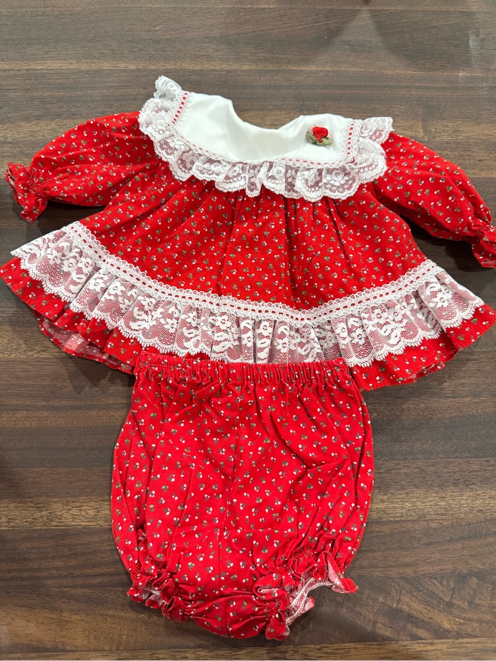 Vintage Bryan Smocked Red Lace-Trim Baby Girls Matching Set